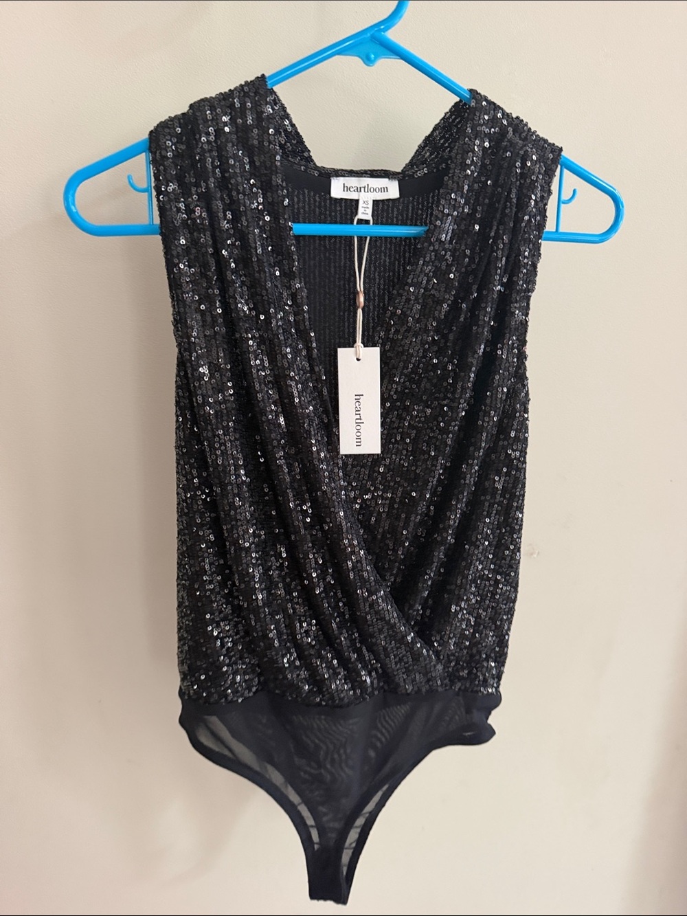 Heartloom Black Sequin Surplice Bodysuit Top